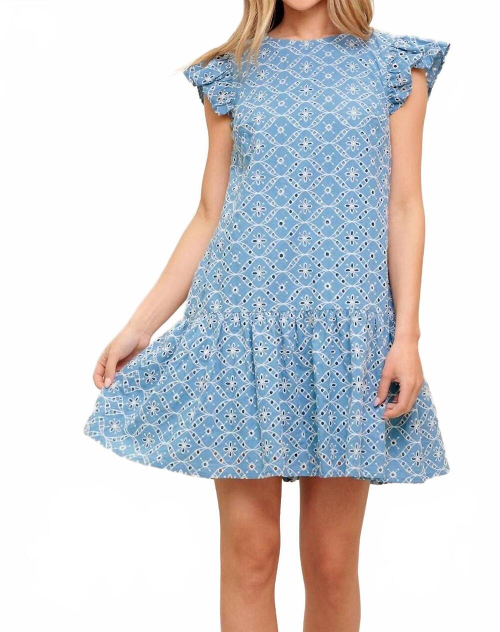 NEW FLYING TOMATO woven eyelet babydoll dress in blue ivory